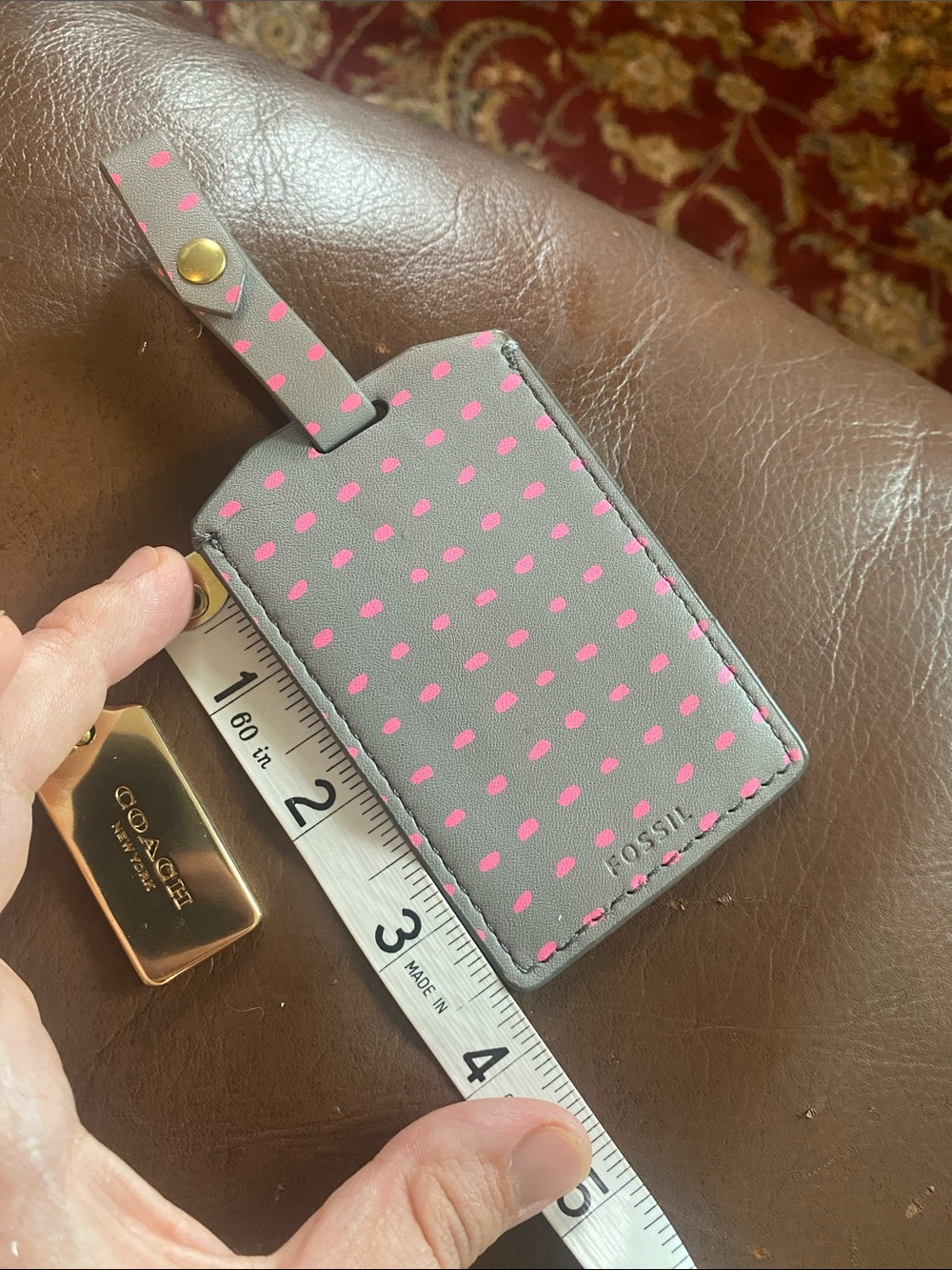 Coach bag charm and Fossil Gray Leather ID Tag with Pink Polka Dots - Picture 4 of 6